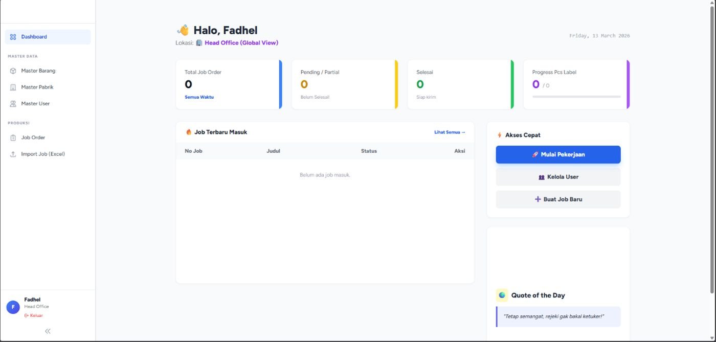 Dashboard sistem cetak barcode